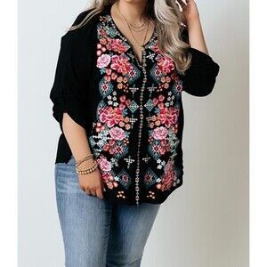 Savanna Jane S Women Top Floral Top Shirt Blouse Embroidered Roll Tab Sleeve T3